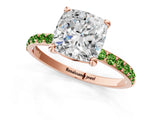 Rose gold Cushion Cut Diamond Solitaire Ring with Round with Peridot side stone Pavé Band and Prong Setting_1