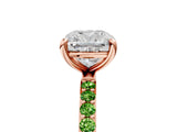 Rose gold Cushion Cut Diamond Solitaire Ring with Round with Peridot side stone Pavé Band and Prong Setting_5