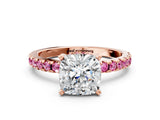 Rose gold Cushion Cut Diamond Solitaire Ring with Round with Pink Sapphire side stone Pavé Band and Four-Prong Setting_36