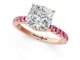 Rose gold Cushion Cut Diamond Solitaire Ring with Round with Pink Sapphire side stone Pavé Band and Four-Prong Setting_37