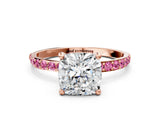 Rose gold Cushion Cut Diamond Solitaire Ring with Round with Pink Sapphire side stone Pavé Band and Prong Setting_12