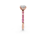 Rose gold Cushion Cut Diamond Solitaire Ring with Round with Pink Sapphire side stone Pavé Band and Prong Setting_14