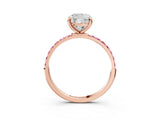 Rose gold Cushion Cut Diamond Solitaire Ring with Round with Pink Sapphire side stone Pavé Band and Prong Setting_15