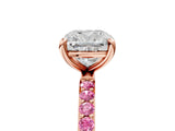 Rose gold Cushion Cut Diamond Solitaire Ring with Round with Pink Sapphire side stone Pavé Band and Prong Setting_17