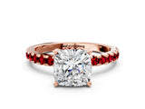 Rose gold Cushion Cut Diamond Solitaire Ring with Round with Ruby side stone Pavé Band and Four-Prong Setting_36