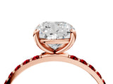 Rose gold Cushion Cut Diamond Solitaire Ring with Round with Ruby side stone Pavé Band and Prong Setting_40