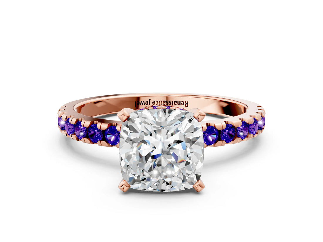 Rose gold Cushion Cut Diamond Solitaire Ring with Round with Tanzanite side stone Pavé Band and Four-Prong Setting_36