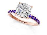 Rose gold Cushion Cut Diamond Solitaire Ring with Round with Tanzanite side stone Pavé Band and Prong Setting_35