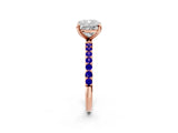 Rose gold Cushion Cut Diamond Solitaire Ring with Round with Tanzanite side stone Pavé Band and Prong Setting_36