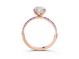 Rose gold Cushion Cut Diamond Solitaire Ring with Round with Tanzanite side stone Pavé Band and Prong Setting_37