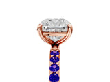 Rose gold Cushion Cut Diamond Solitaire Ring with Round with Tanzanite side stone Pavé Band and Prong Setting_39