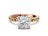 Rose gold Cushion Cut Diamond Solitaire Ring with Round with Yellow Sapphire side stone Pavé Band and Four-Prong Setting_36