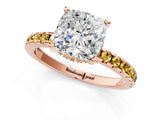 Rose gold Cushion Cut Diamond Solitaire Ring with Round with Yellow Sapphire side stone Pavé Band and Four-Prong Setting_37