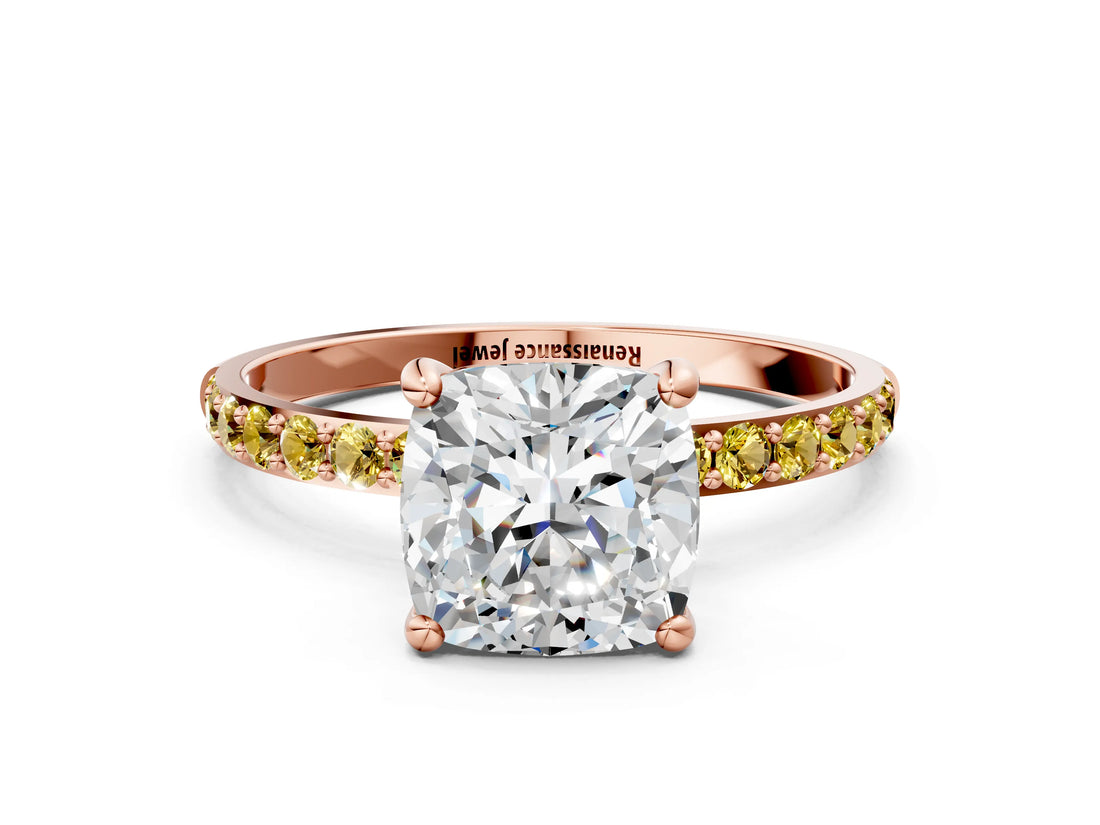 Rose gold Cushion Cut Diamond Solitaire Ring with Round with Yellow Sapphire side stone Pavé Band and Prong Setting_12