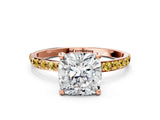 Rose gold Cushion Cut Diamond Solitaire Ring with Round with Yellow Sapphire side stone Pavé Band and Prong Setting_12