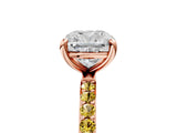 Rose gold Cushion Cut Diamond Solitaire Ring with Round with Yellow Sapphire side stone Pavé Band and Prong Setting_17