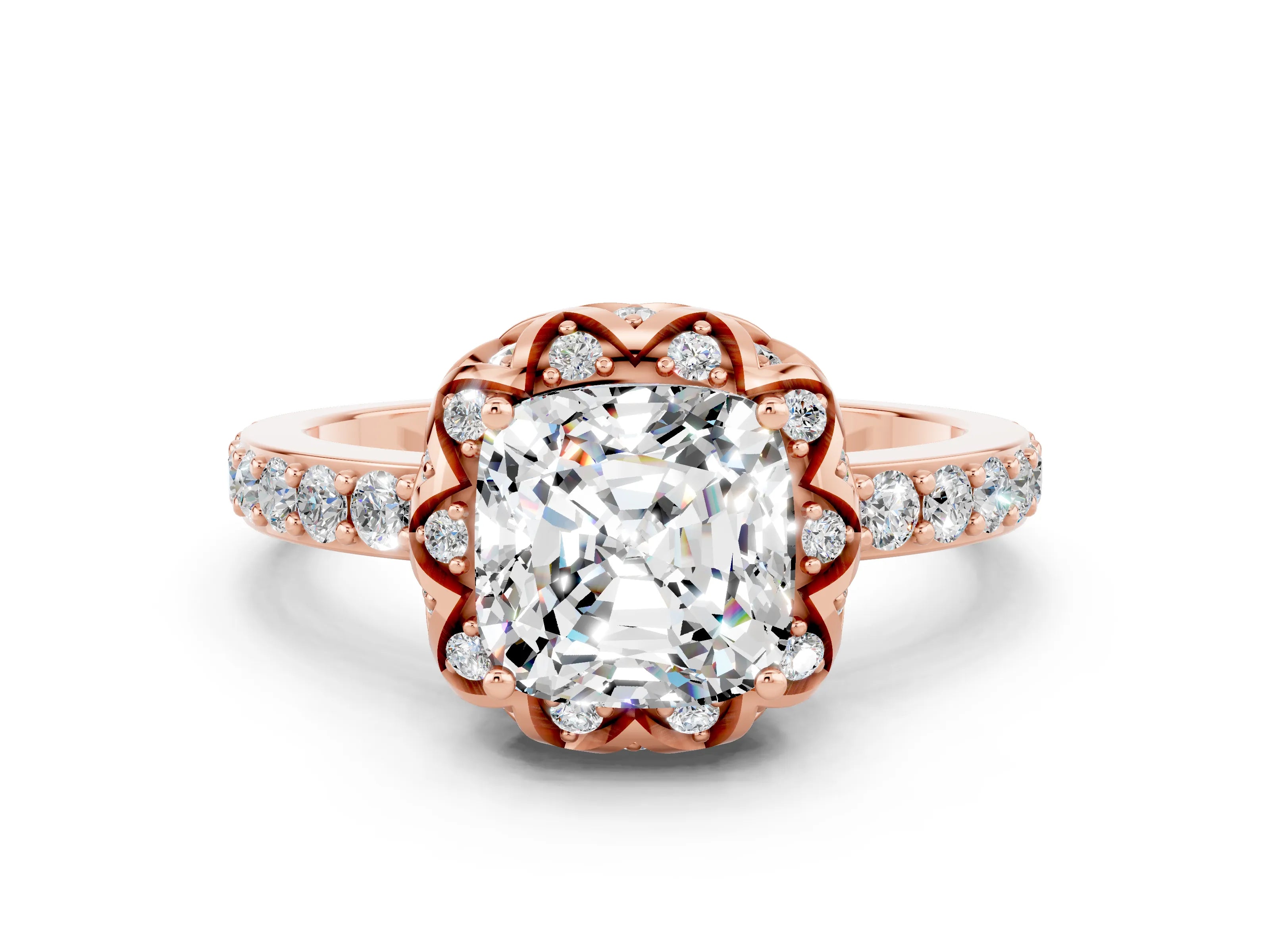 Rose gold Cushion Cut Diamond Solitaire Ring with Shared Prong Pavé Band