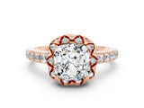 Rose gold Cushion Cut Diamond Solitaire Ring with Shared Prong Pavé Band