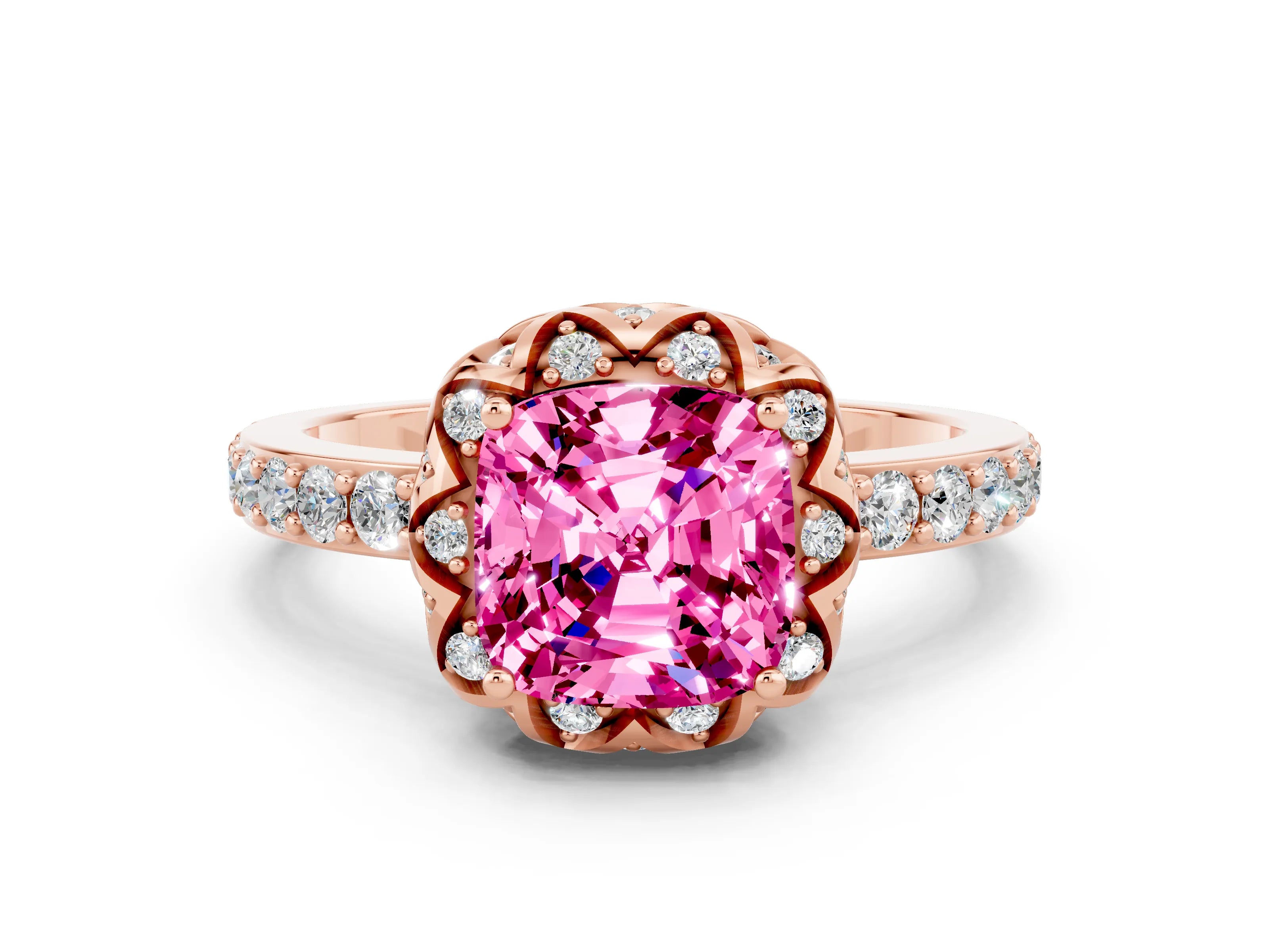 Rose gold Cushion Cut Diamond Solitaire Ring with Shared Prong Pavé Band