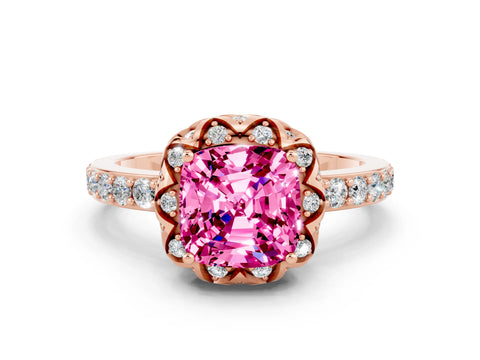 Rose gold Cushion Cut Diamond Solitaire Ring with Shared Prong Pavé Band