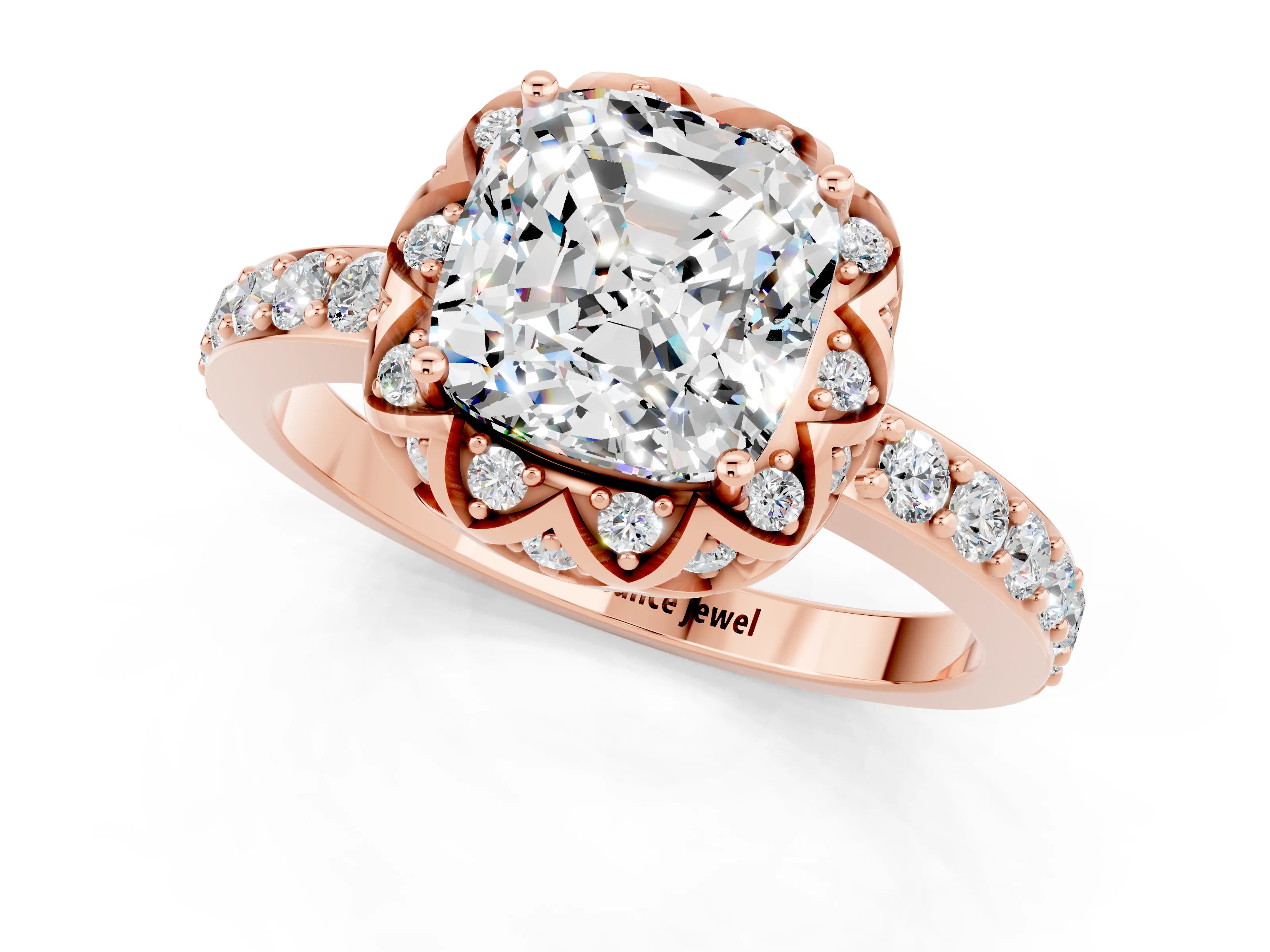 Rose gold Cushion Cut Diamond Solitaire Ring with Shared Prong Pavé Band_1