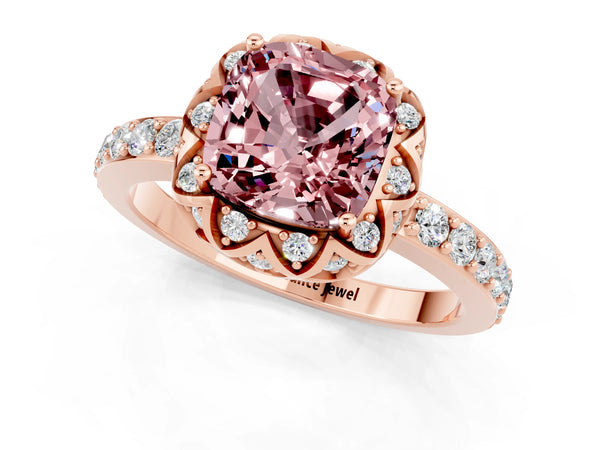 Rose gold Cushion Cut Diamond Solitaire Ring with Shared Prong Pavé Band
