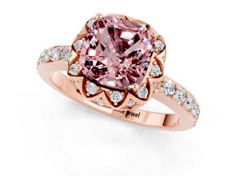 Rose gold Cushion Cut Diamond Solitaire Ring with Shared Prong Pavé Band_1
