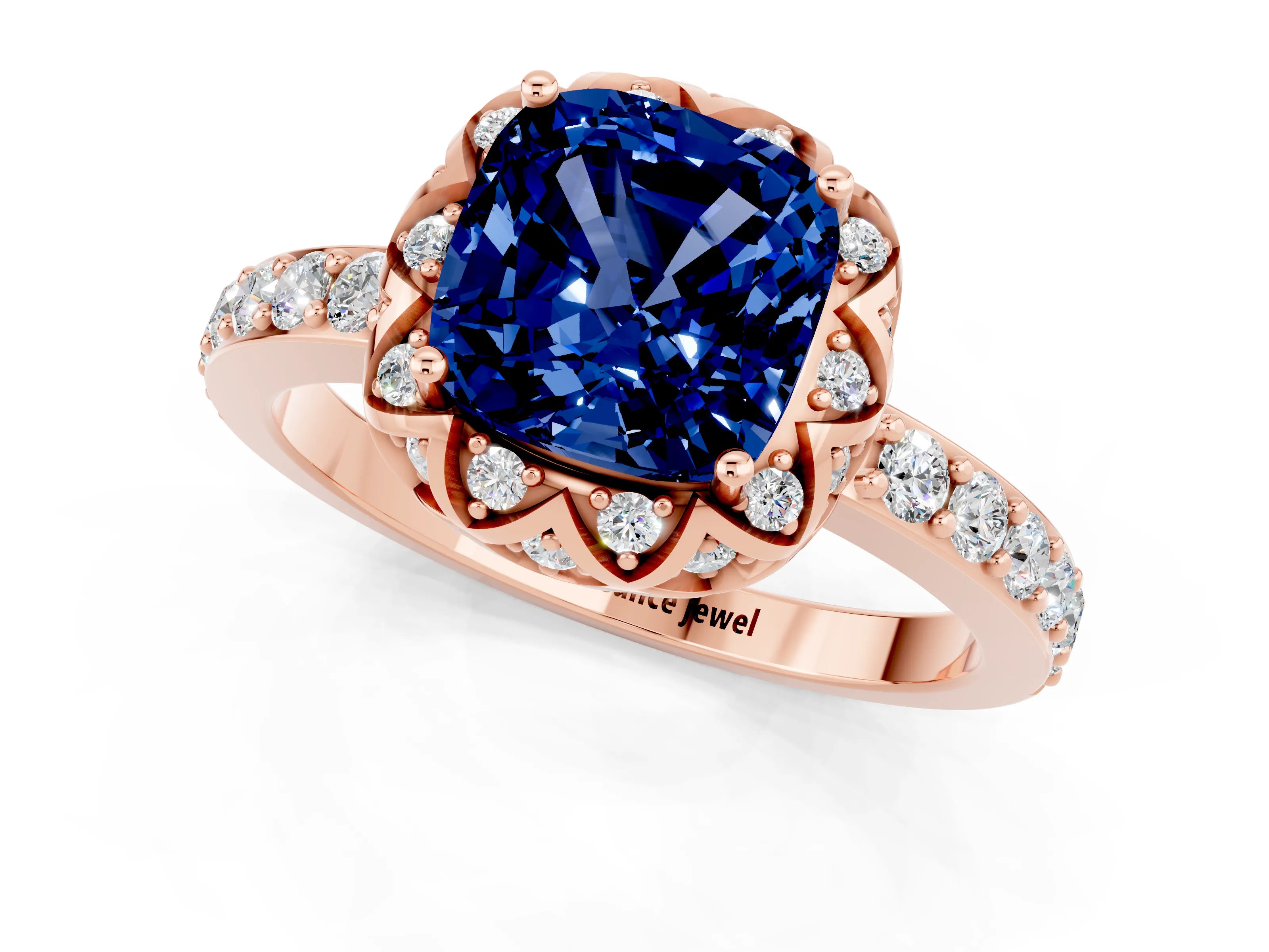 Rose gold Cushion Cut Diamond Solitaire Ring with Shared Prong Pavé Band_1