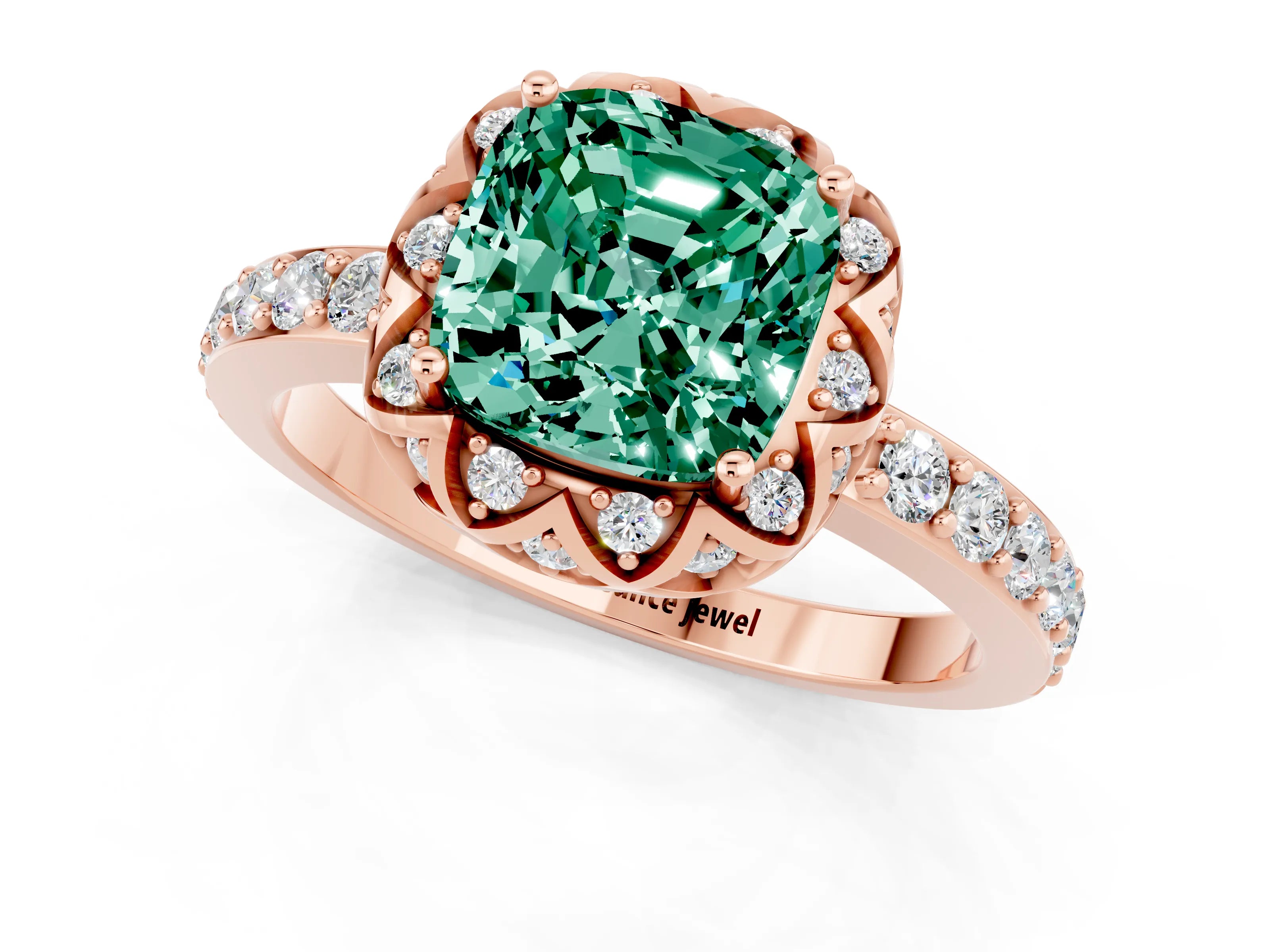 Rose gold Cushion Cut Diamond Solitaire Ring with Shared Prong Pavé Band_1