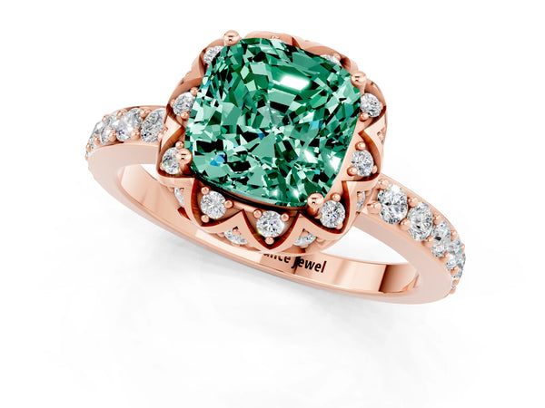 Rose gold Cushion Cut Diamond Solitaire Ring with Shared Prong Pavé Band
