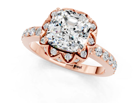 Rose gold Cushion Cut Diamond Solitaire Ring with Shared Prong Pavé Band_1