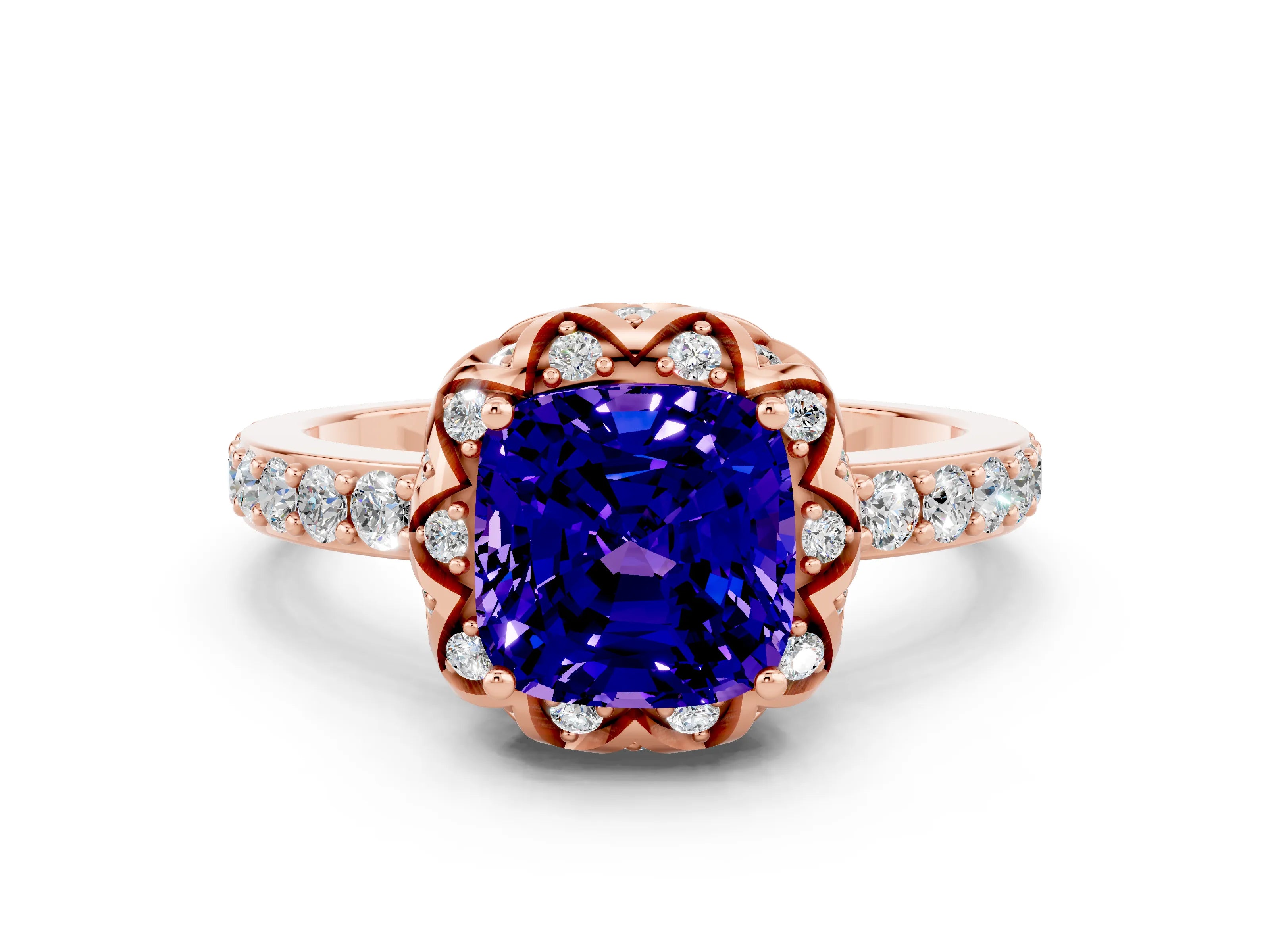 Rose gold Cushion Cut Diamond Solitaire Ring with Shared Prong Pavé Band