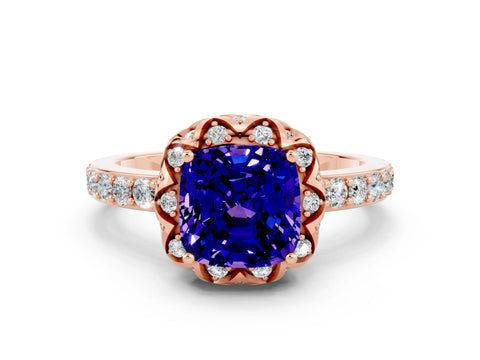 Rose gold Cushion Cut Diamond Solitaire Ring with Shared Prong Pavé Band