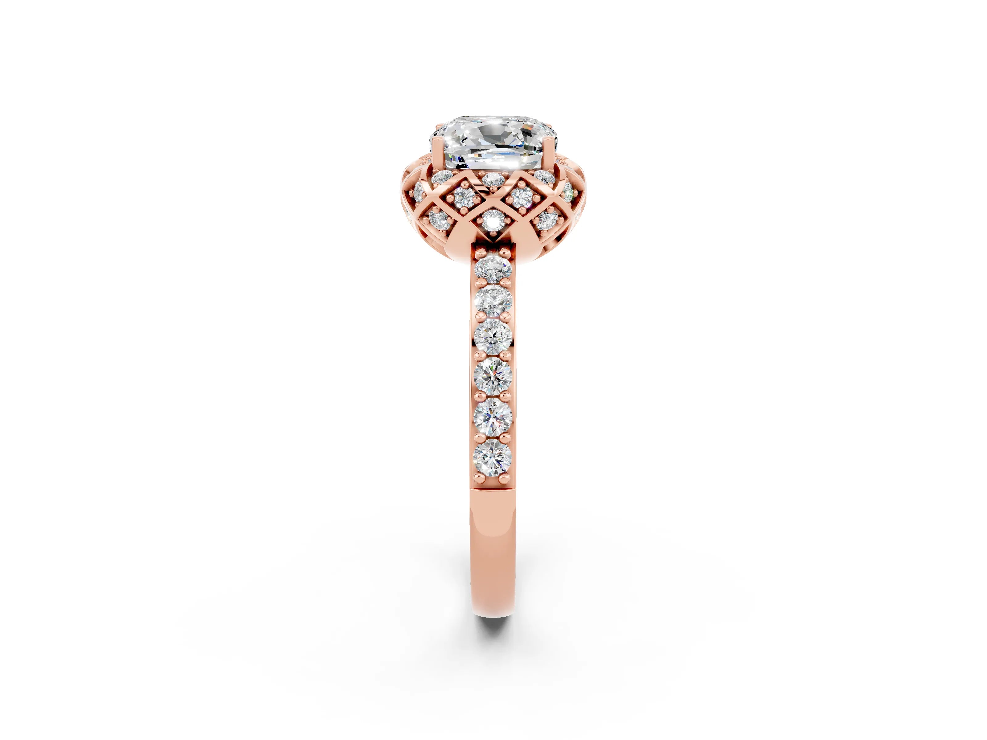 Rose gold Cushion Cut Diamond Solitaire Ring with Shared Prong Pavé Band_2