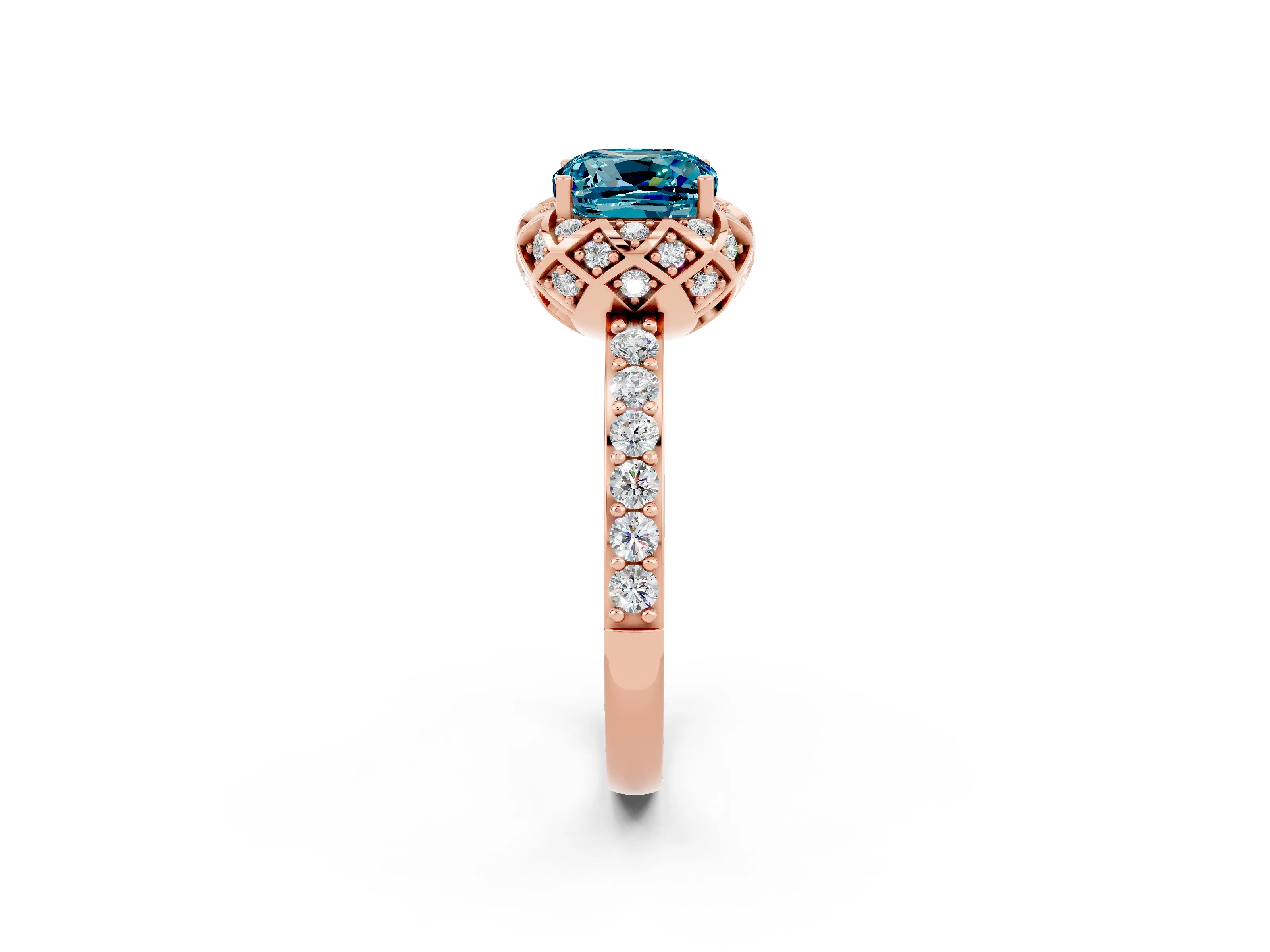 Rose gold Cushion Cut Diamond Solitaire Ring with Shared Prong Pavé Band_2
