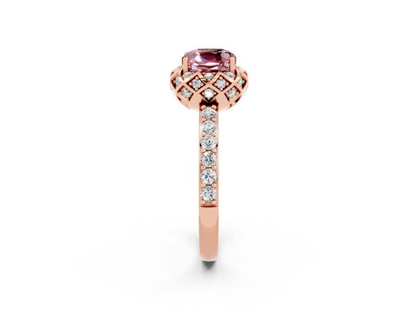 Rose gold Cushion Cut Diamond Solitaire Ring with Shared Prong Pavé Band