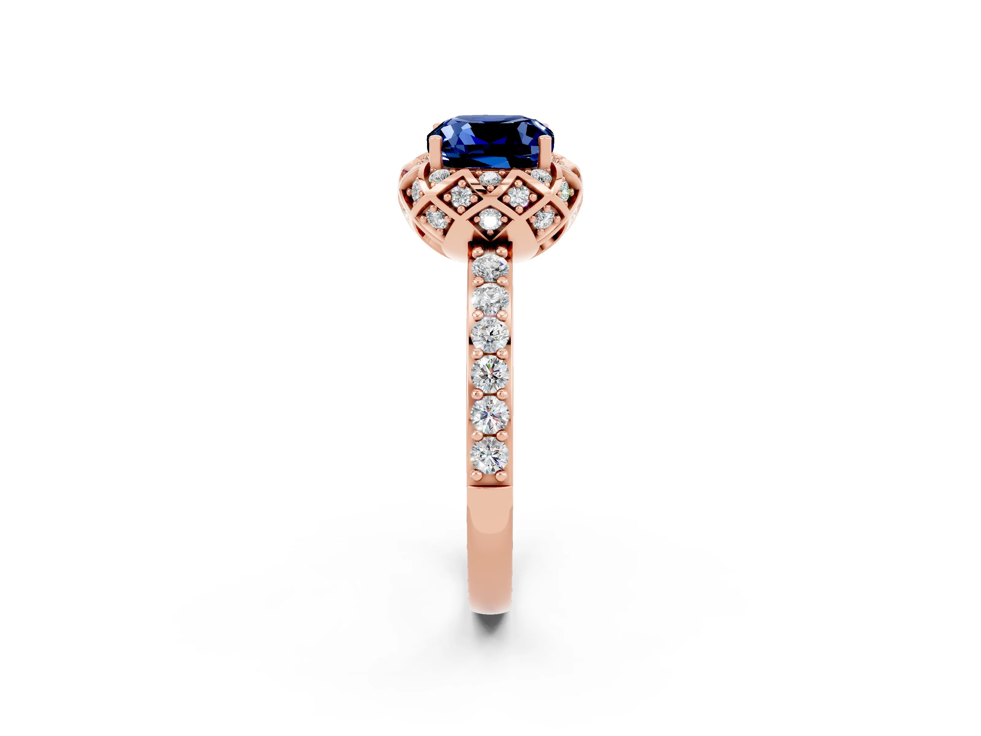 Rose gold Cushion Cut Diamond Solitaire Ring with Shared Prong Pavé Band_2
