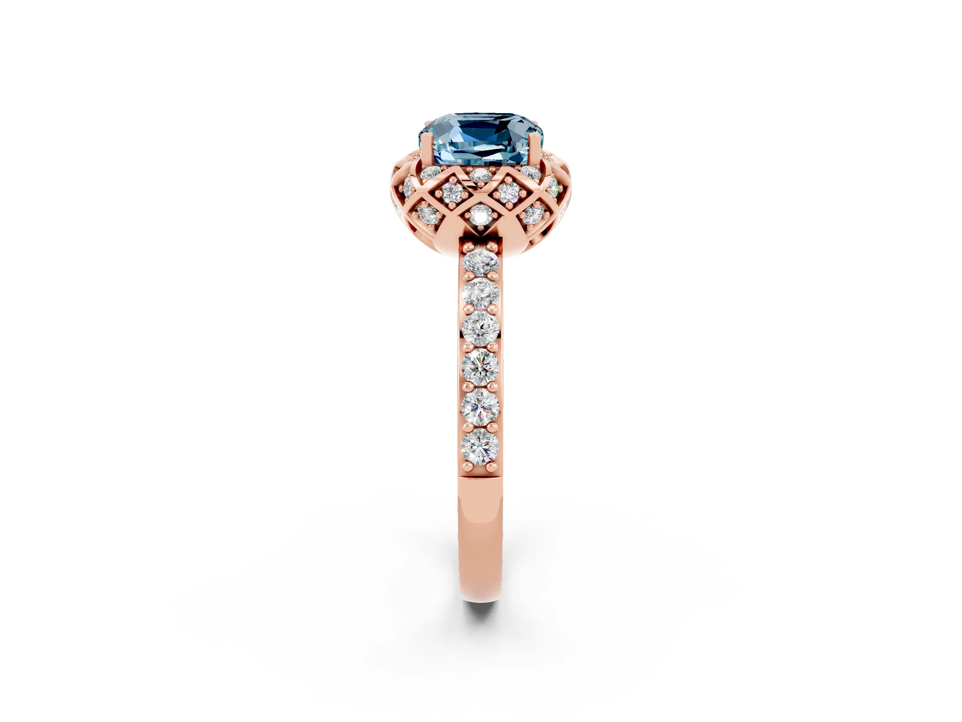 Rose gold Cushion Cut Diamond Solitaire Ring with Shared Prong Pavé Band_2