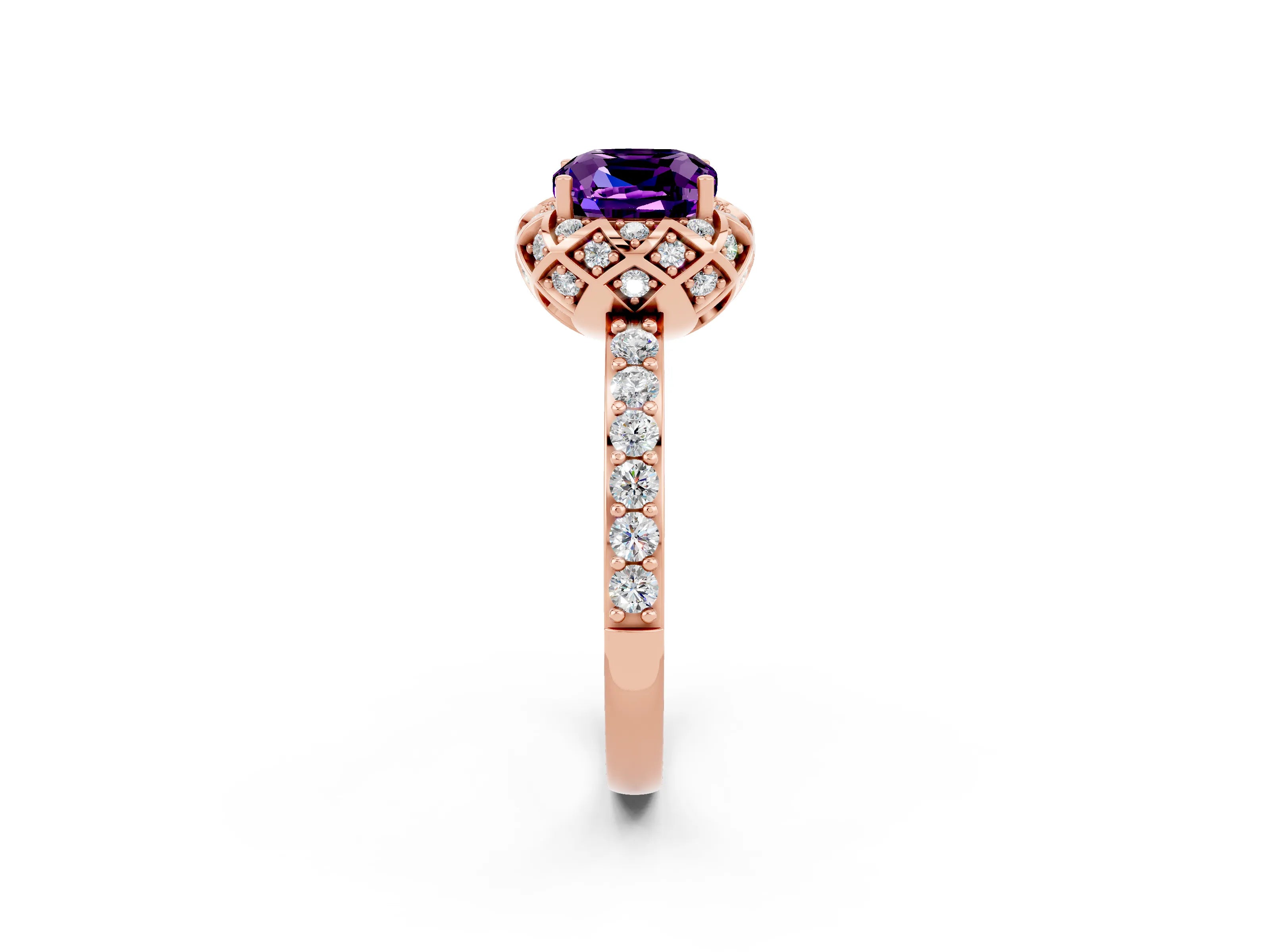 Rose gold Cushion Cut Diamond Solitaire Ring with Shared Prong Pavé Band_2