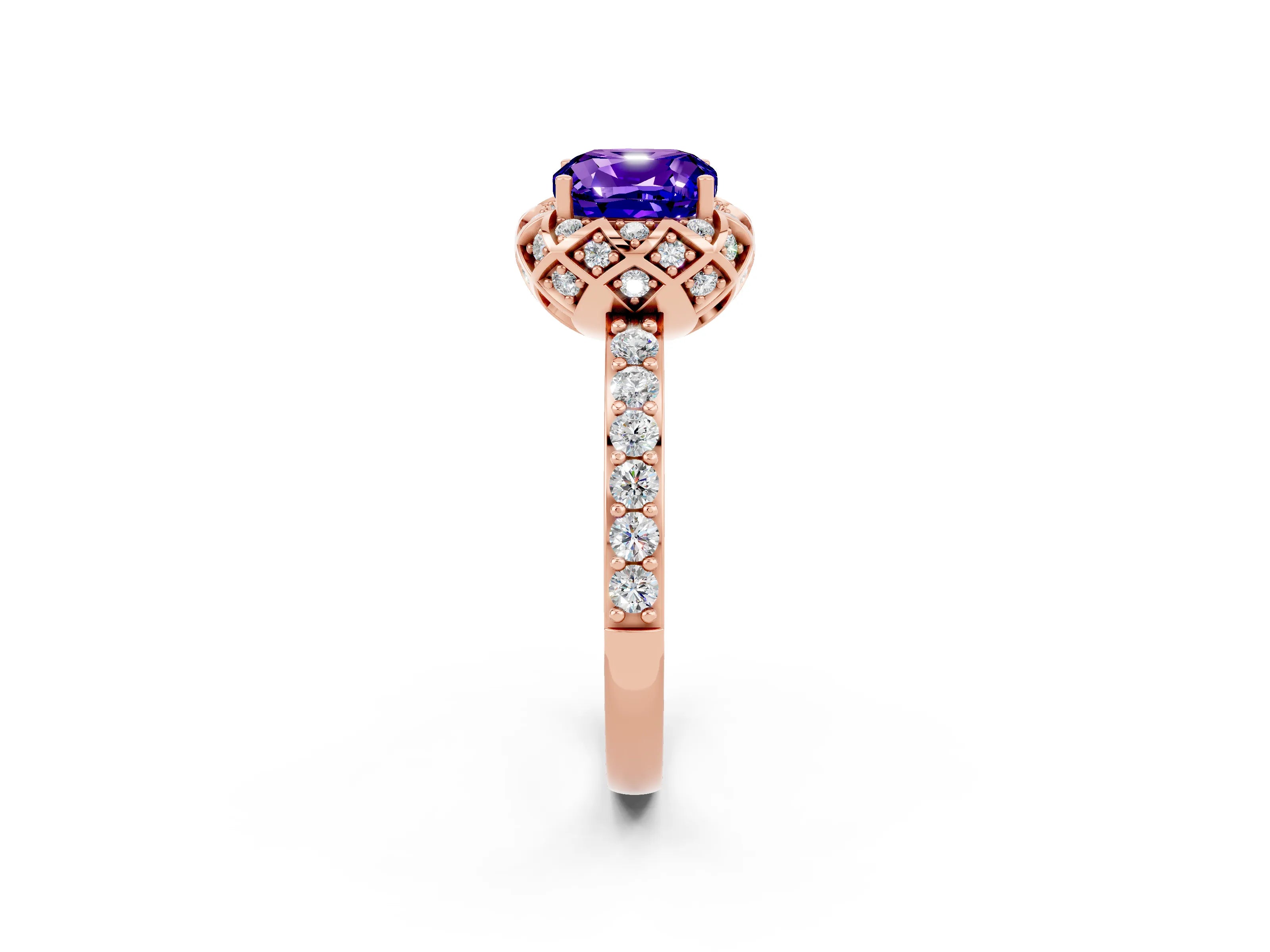 Rose gold Cushion Cut Diamond Solitaire Ring with Shared Prong Pavé Band_2