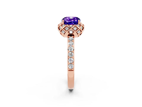 Rose gold Cushion Cut Diamond Solitaire Ring with Shared Prong Pavé Band_2