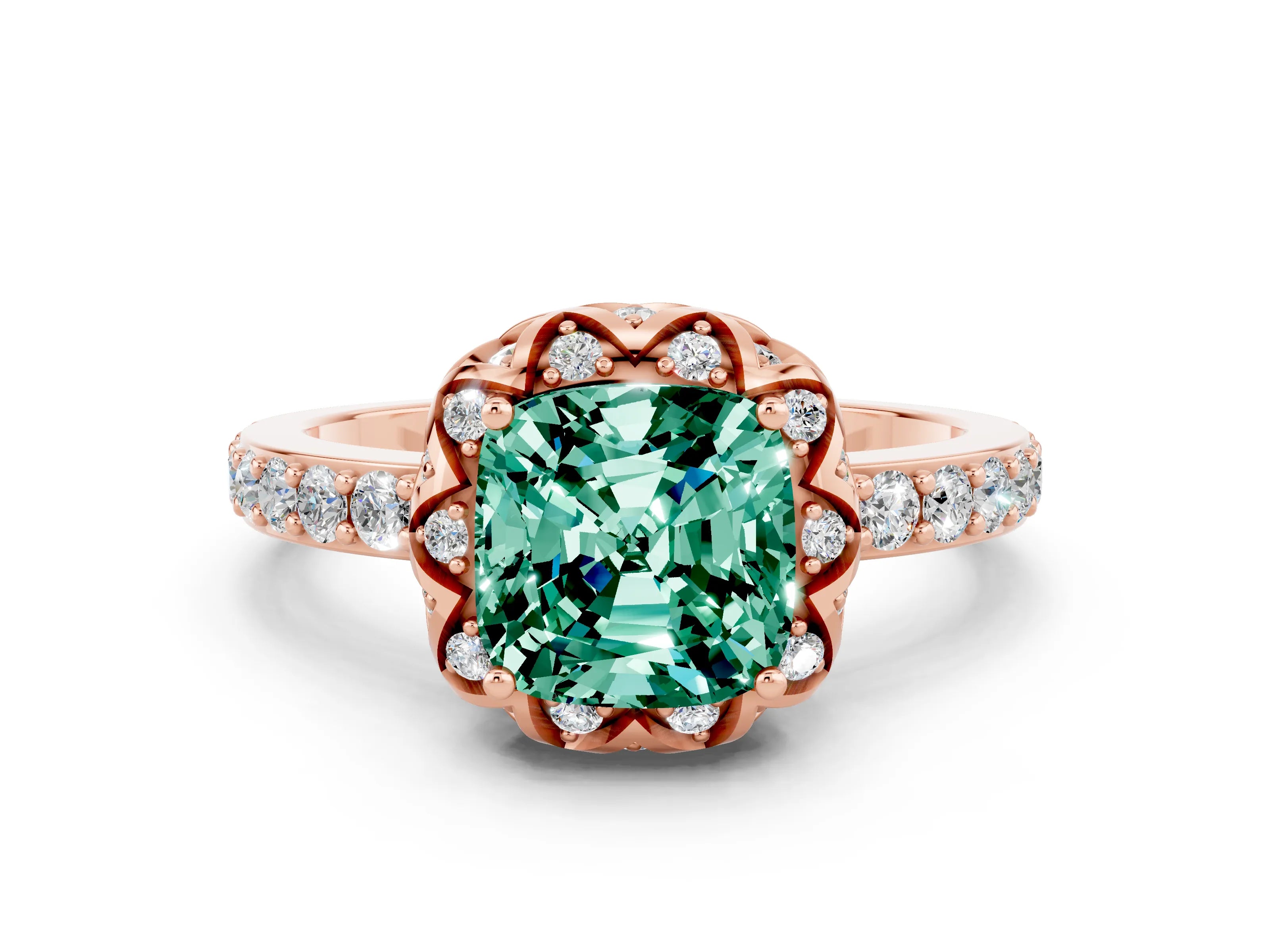 Rose gold Cushion Cut Diamond Solitaire Ring with Shared Prong Pavé Band
