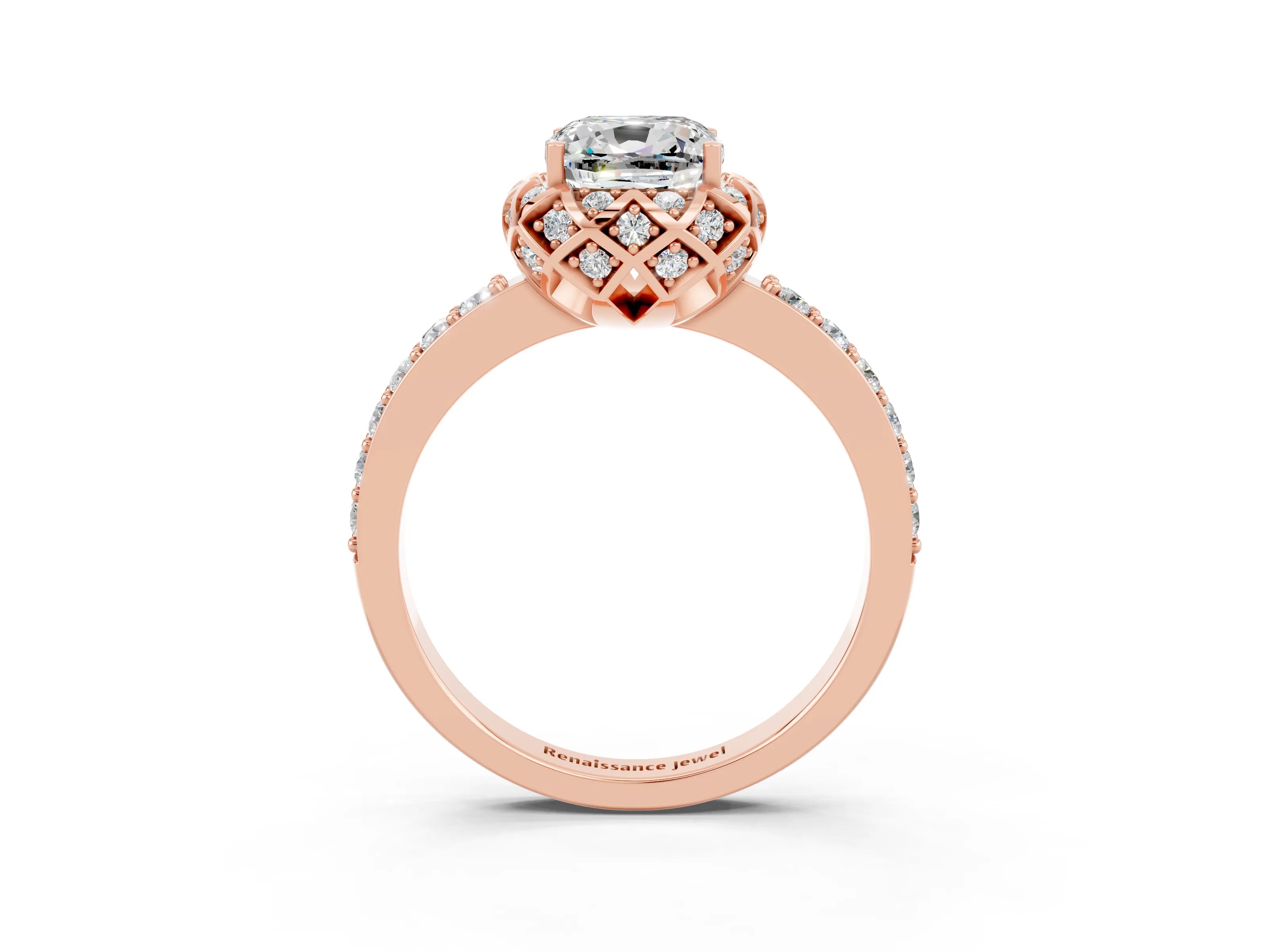 Rose gold Cushion Cut Diamond Solitaire Ring with Shared Prong Pavé Band_3