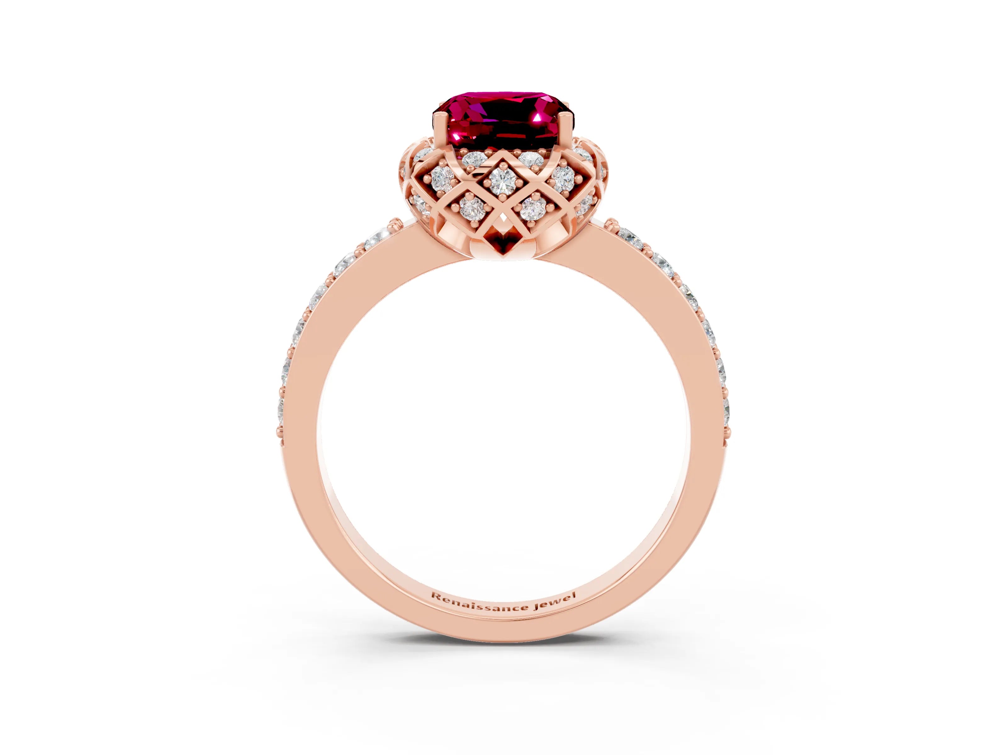 Rose gold Cushion Cut Diamond Solitaire Ring with Shared Prong Pavé Band_3