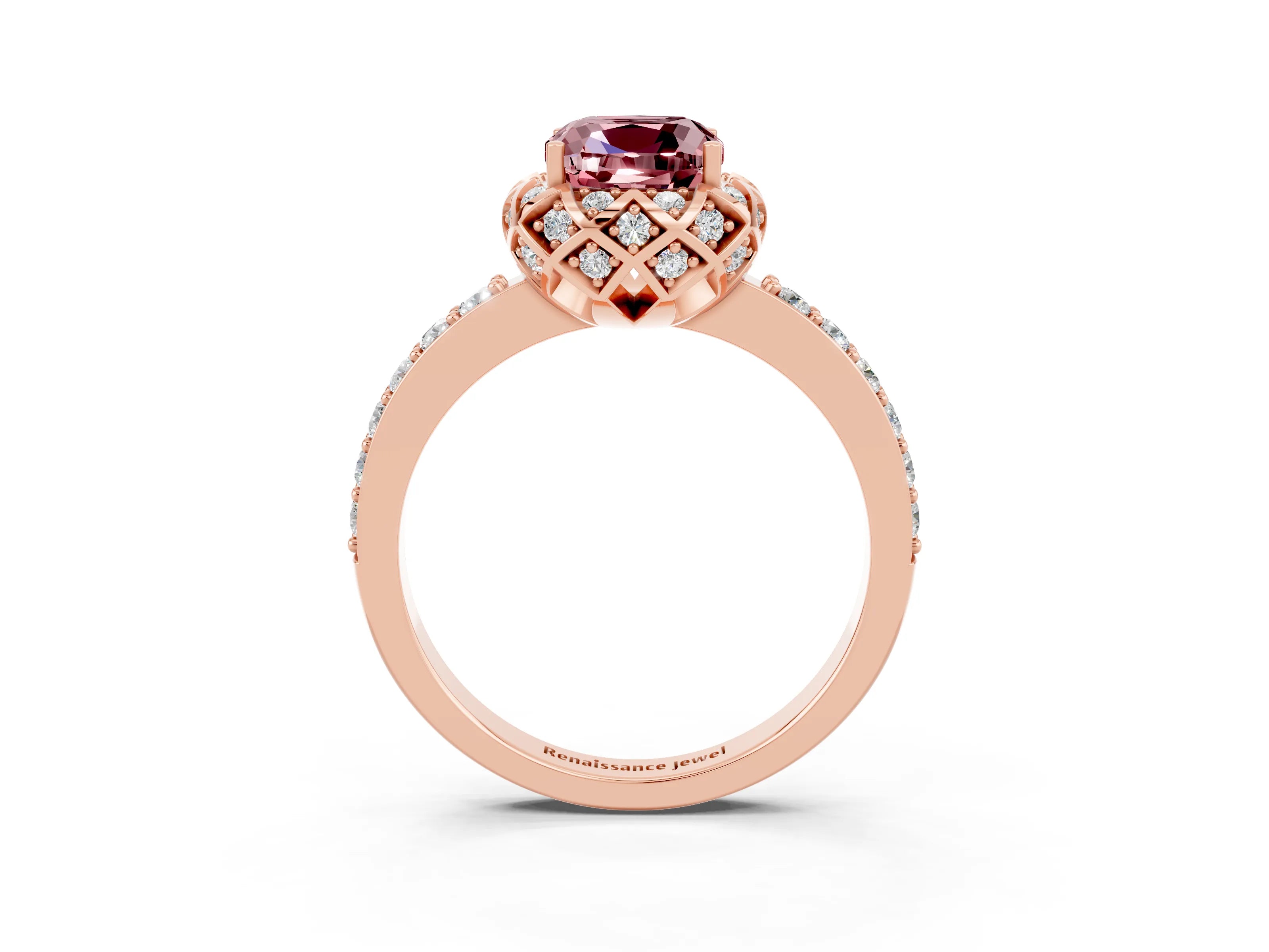 Rose gold Cushion Cut Diamond Solitaire Ring with Shared Prong Pavé Band_3