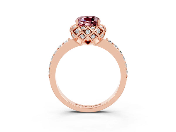Rose gold Cushion Cut Diamond Solitaire Ring with Shared Prong Pavé Band