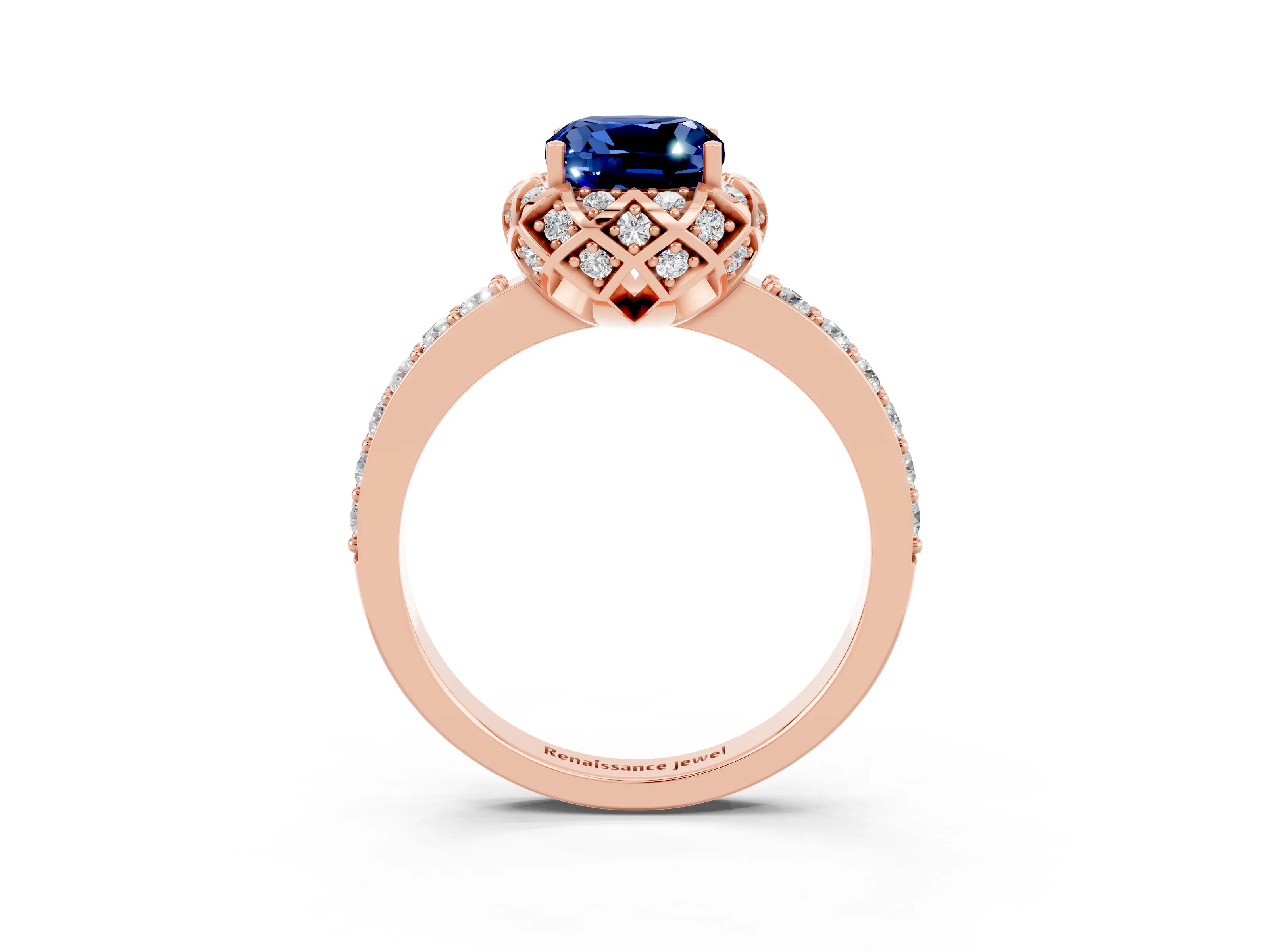 Rose gold Cushion Cut Diamond Solitaire Ring with Shared Prong Pavé Band_3