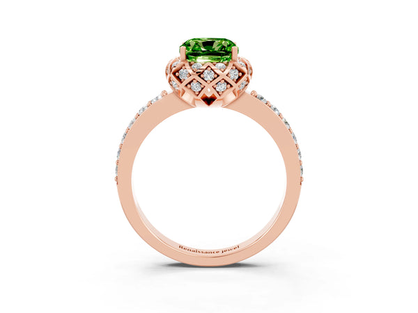 Rose gold Cushion Cut Diamond Solitaire Ring with Shared Prong Pavé Band