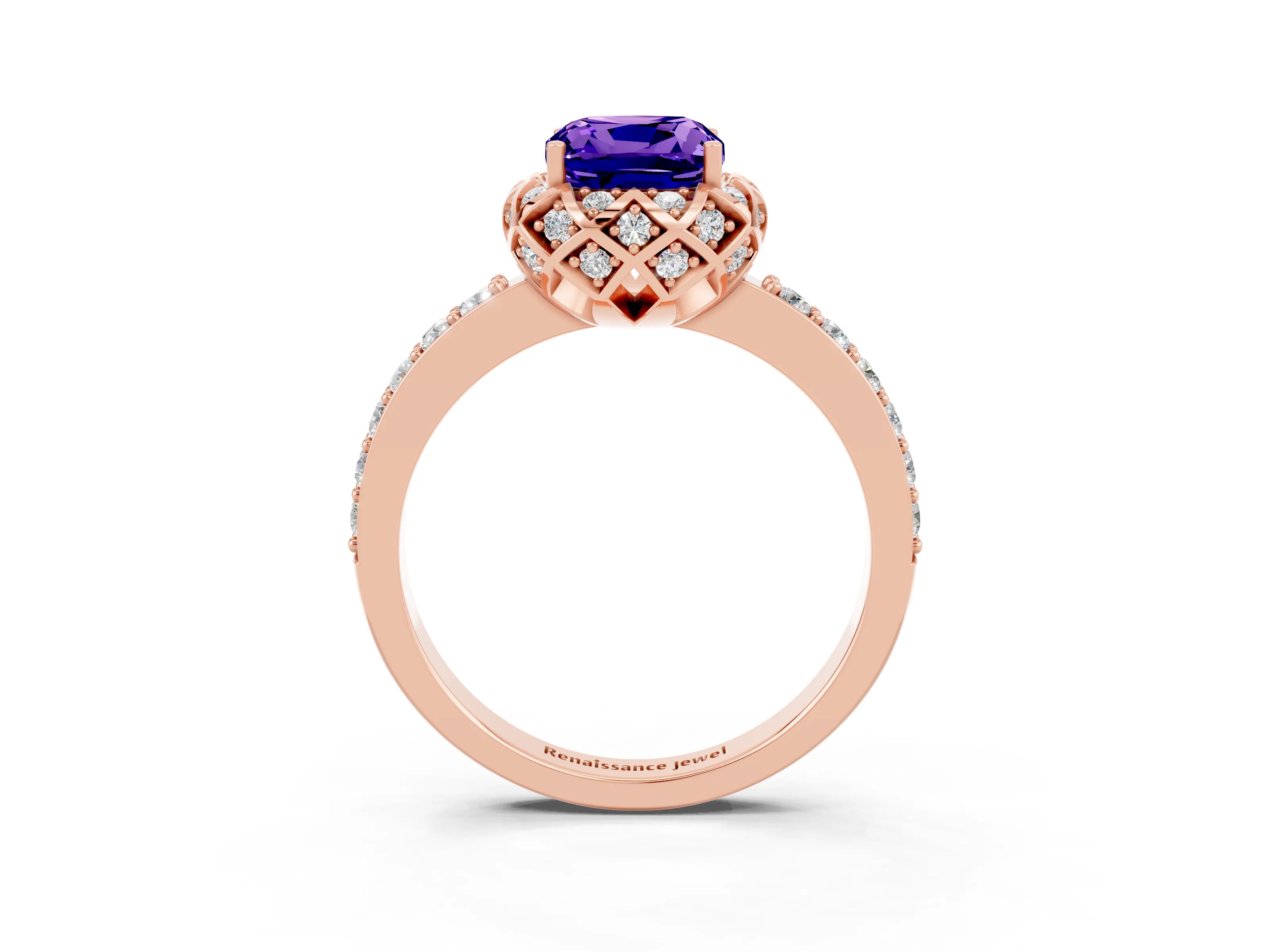 Rose gold Cushion Cut Diamond Solitaire Ring with Shared Prong Pavé Band_3