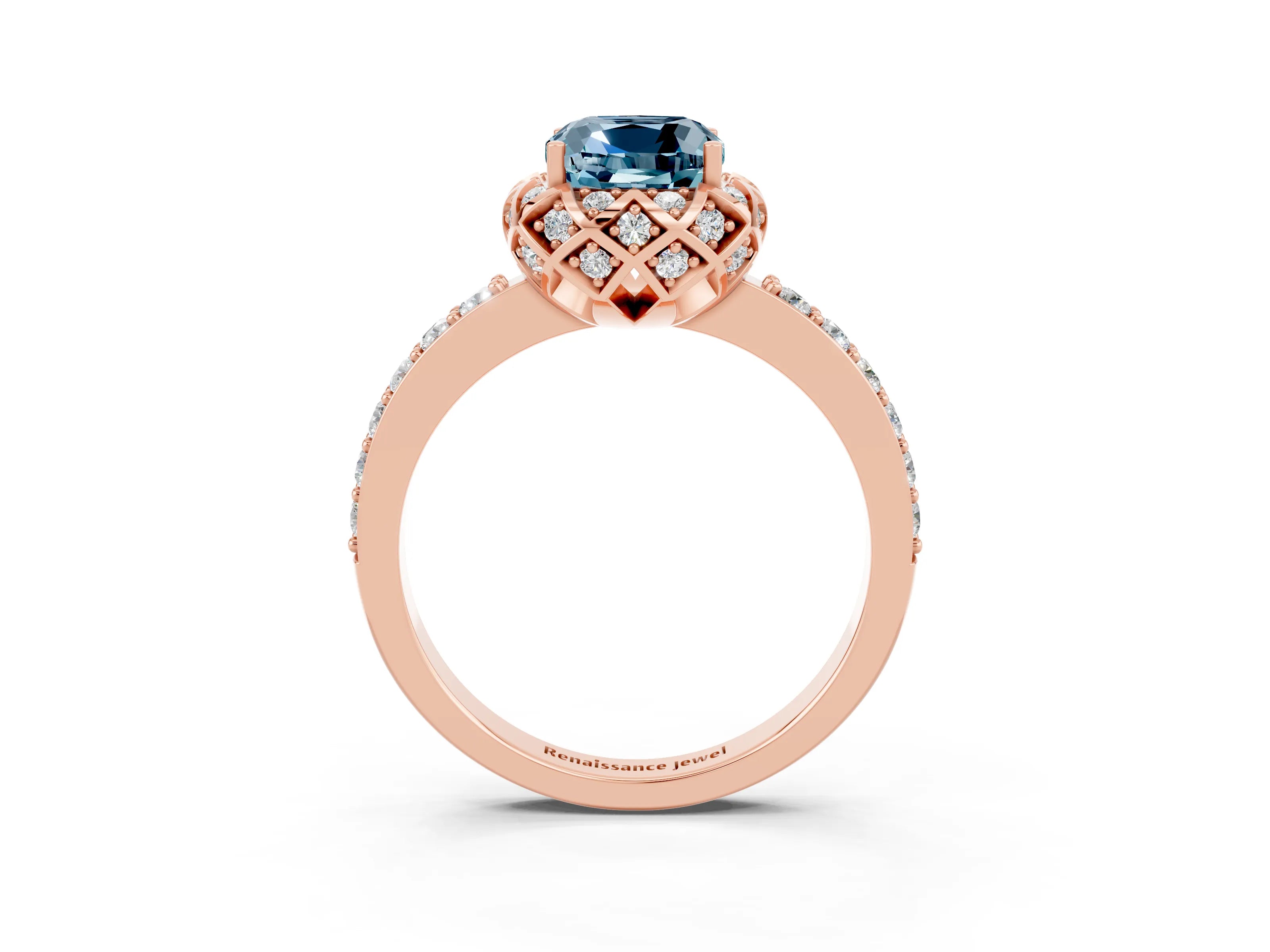 Rose gold Cushion Cut Diamond Solitaire Ring with Shared Prong Pavé Band_3